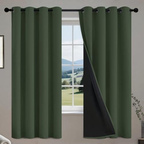 Image of COSVIYA 100% Greyish Green Blackout Curtains for Kids Room 63 Inch Length | Room Darkening Light Blocking Drapes for Bedroom, Grommet Thermal Insulated Window Panels with Black Liner, W52xL63,2 Panels