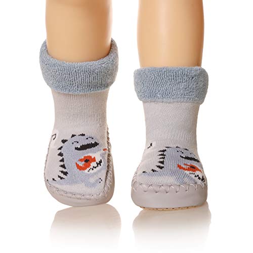 Eocom Baby Boy Girls Toddlers Moccasins Non-Skid Indoor Slipper Winter Warm Shoes Socks(Grey Dinosaur, 6-12 Months)