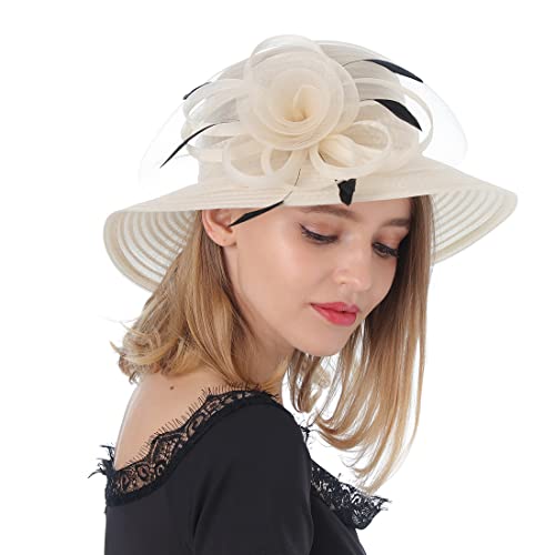 Dantiya Lady Derby Dress Church Bow Bucket Wedding Bowler Hats Wide Brim Beach Upf Protection Cap (Beige, Free) #TOP6