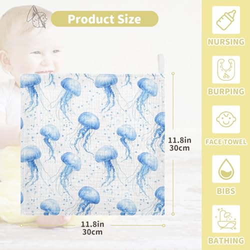 vvfelixl Baby Muslin Washcloths Light Blue Jellyfish Baby Burp Cloths Cotton Babys Face Towel for Newborn Infants Boys Girls Soft and Absorbent 11.8 X 11.8 in, 3 Pack4