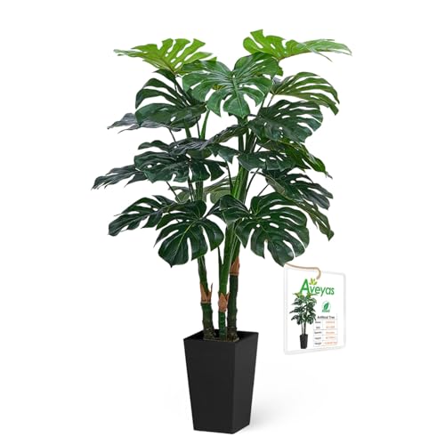 Aveyas 4ft Tall Artificial Monstera Deliciosa Plants 4 ft Faux Swiss Cheese Plants Fake Silk Tree with Pot for Indoor Outdoor Office House Living Room Home Decor (4 Feet Tall Including Raised Pot)