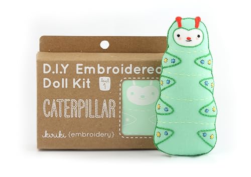 Image of Kiriki Press DIY Embroidery Doll Kit - Skill Level 1 - Beginner to Advanced Embroidery Kits for Adults Teens (3 Skill Levels) Animal Embroidery Kit - Screen Printed Pattern (Caterpillar - Level 1)
