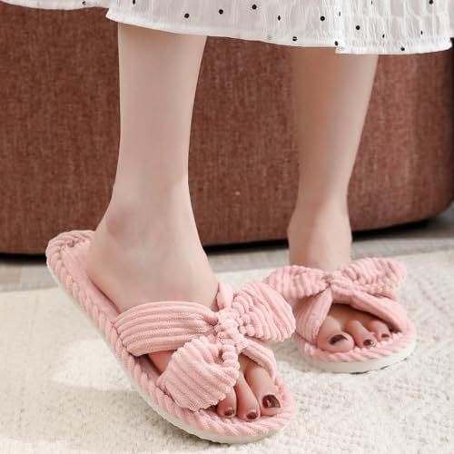 Bow Knot Slippers Women Cute Corduroy Slipper Preppy Kawaii House Slipper Comfy House Slides Open Toe Sandals Bedroom Shoes EVA Sole Cozy Indoor Outdoor Home Slipper3