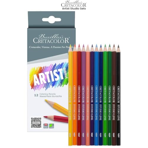 Image of BRUSTRO Artists' Sketch Book Wiro Bound, Size A5 (5.8x8.3 in), 160 GSM, 116 Pages with Cretacolor Studio Colouring Pencils, Set of 12, Assorted Bright Colours|Ideal for Sketching,Drawing