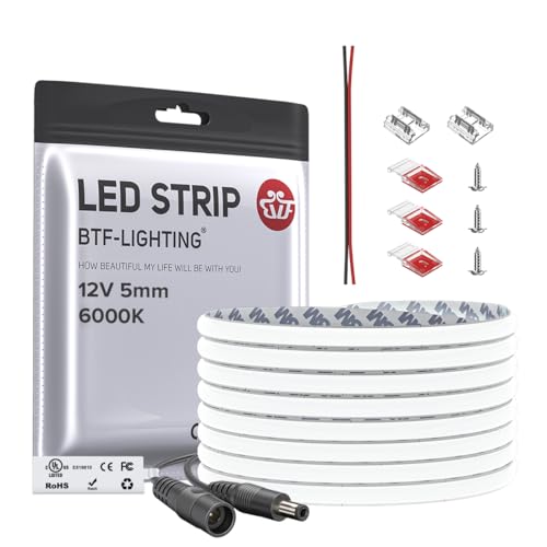 Image of BTF-LIGHTING FCOB Thin 5mm Width COB LED Strip, UL Listed Cool White 6000K Narrow Uniform Light, 16.4FT DC12V CRI 90+ Flexible LED Tape Light for Home Indoor DIY Lighting(No Adapter or Controller)