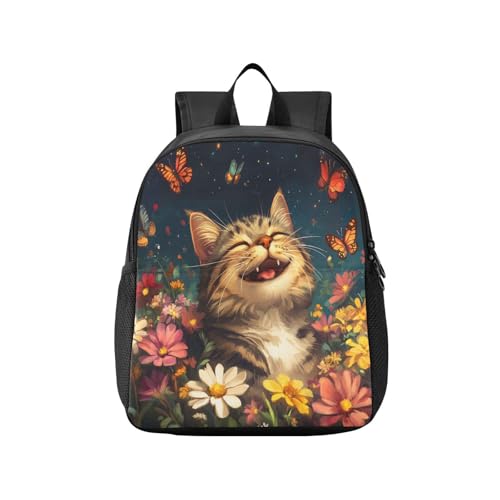 RunningBear Cat Flowers Black Kids Backpack for Boys Girls Lightweight Mini Cute Daycare Bag for Elementary