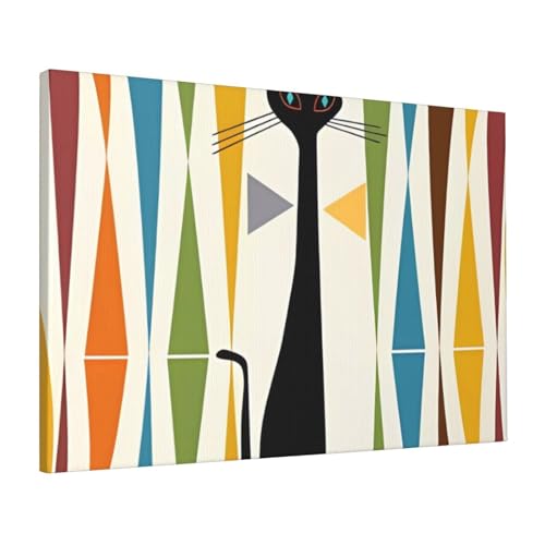 Peinture chat art moderne milieu du siècle 40x60 avec cadre bois