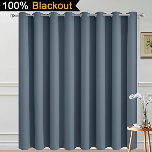 Image of Yakamok Stone Blue Blackout Patio Door Curtain Panels W100 x L84,1 Panel | Noise Reducing Barrier Panel for Sliding Glass Door, 2 Thick Layers Heat Full Light Blocking Patio Door Drapery