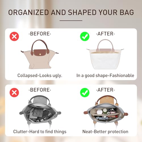 Doxo Upgraded Purse Organizer Insert for LongChamp, Bag Organizer for Long Champ Large and More, Ultra-light Waterproof DupontPaper le pliage Accessories, Women Tote Handbag Dividers(White,L)4
