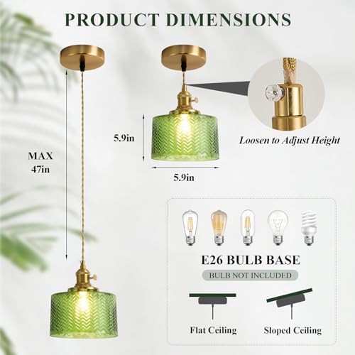 Image of Green Glass Pendant Lights Kitchen Island Lighting | Modern Gold Ribbed Pendant Lighting Adjustable Farmhouse Chandelier Haning Light for Dining Room Bedroom Hallway Entryway