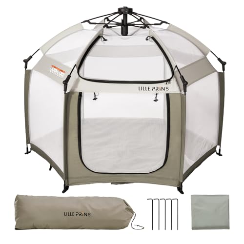 Image of LILLEPRINS EasyPop Outdoor Playpen with Canopy for Babies, 1 Second Baby Pop up Tent, Beach Tent, Travel Playpen for Baby with Travel Bag, UPF50+ Cover, Mosquito Net (Beige)