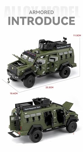 Image of Enterprise 1:24 Armored Police Car Diecast Model - Tooth Tiger Explosion-Proof Pull Back Metal Toy with Lights, Sounds & 4 Opening Doors - Collectible Vehicle for Kids & Display (Green)