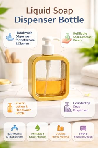 Image of Liquid Soap Dispenser | Refillable Pump Bottle for Hand Wash, Dish Wash, Shampoo, Conditioner, Shower Gel | Bathroom & Kitchen Use | Transparent Plastic | 300ml (Brown)