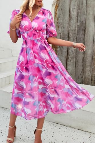 Womens Floral Flowy Wrap V Neck Midi Dress Short Sleeve Elastic Waist Casual Spring Summer Dresses for Women 2025 - Image 5
