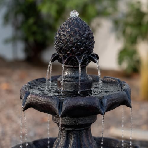 Image of XBrand 44 inch H Dark Brown Fiberglass /Resin 2-Tier Solar Water Fountain w /Solar Panel and Auto-Shut Off Pump, Solar Garden Fountain, Tall Outdoor Fountain, Two Tiered Birdbath Fountain