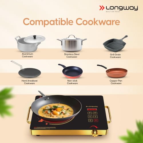 Image of Longway Infralite Pro 2200W Infrared Induction Cooktop with Steel Grill Rack, Crystal Glass Top, Touch Panel & Digital Display, 4 Preset Modes - Stir Fry, BBQ, Hot Pot & Steam, Golden