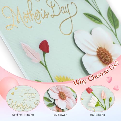 Image of FLYAB Mothers Day Card with Envelope - 5.5 inchx8 inch 3D Flower Golden Foil Design Happy Mothers Day Card Prefect Gifts for New Moms Grandma Wife Sister
