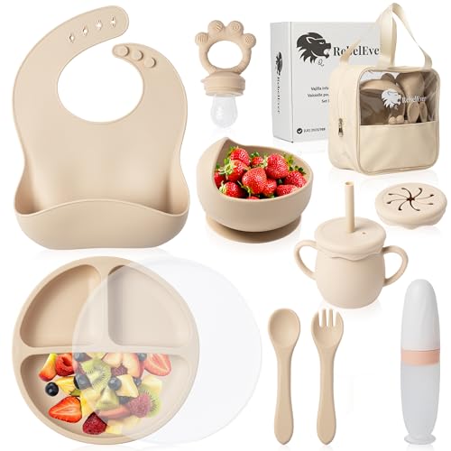 Louça de silicone para bebé que inclui prato de ventosa para bebé, talheres de bebé e saco para viagem ou armazenamento - Chupeta fruta bebé - Colher bebé aprendizagem com garrafa de armazenamento