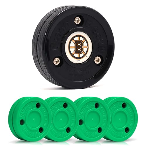 Image of Green Biscuit 4-Pack Snipe New 2.0 Off Ice Hockey Pucks with 1 NHL Puck, Street Hockey Puck for Stickhandling and Shooting Practices - Official (Boston Bruins)