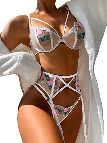 Kaei&Shi Embroidered Lingerie for Women,3 Piece Sexy Lingerie Garter Set,Floral Sheer Lace Underwire Bra and Panty Sets Bride Wedding Bridal White Large
