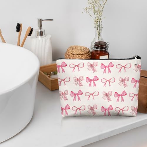 Pink Preppy Coquette Bow Makeup Bag Make Up Bag, Preppy Cosmetic Bags for Women, Preppy Coquette Gifts for Women Teen Girls,Dorm Room Essentials for Girls4