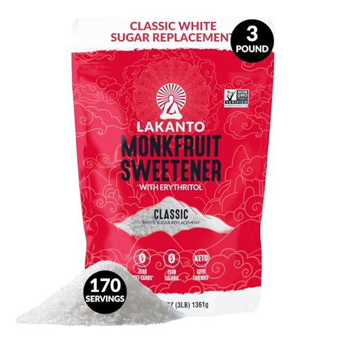 Lakanto Monk Fruit Sweetener with Erythritol, White Sugar Substitute, Monkfruit Extract, Classic White Sugar Replacement for Coffee & Tea, Baking, Gluten Free, Low Carb, Non GMO, Keto (3 lb)