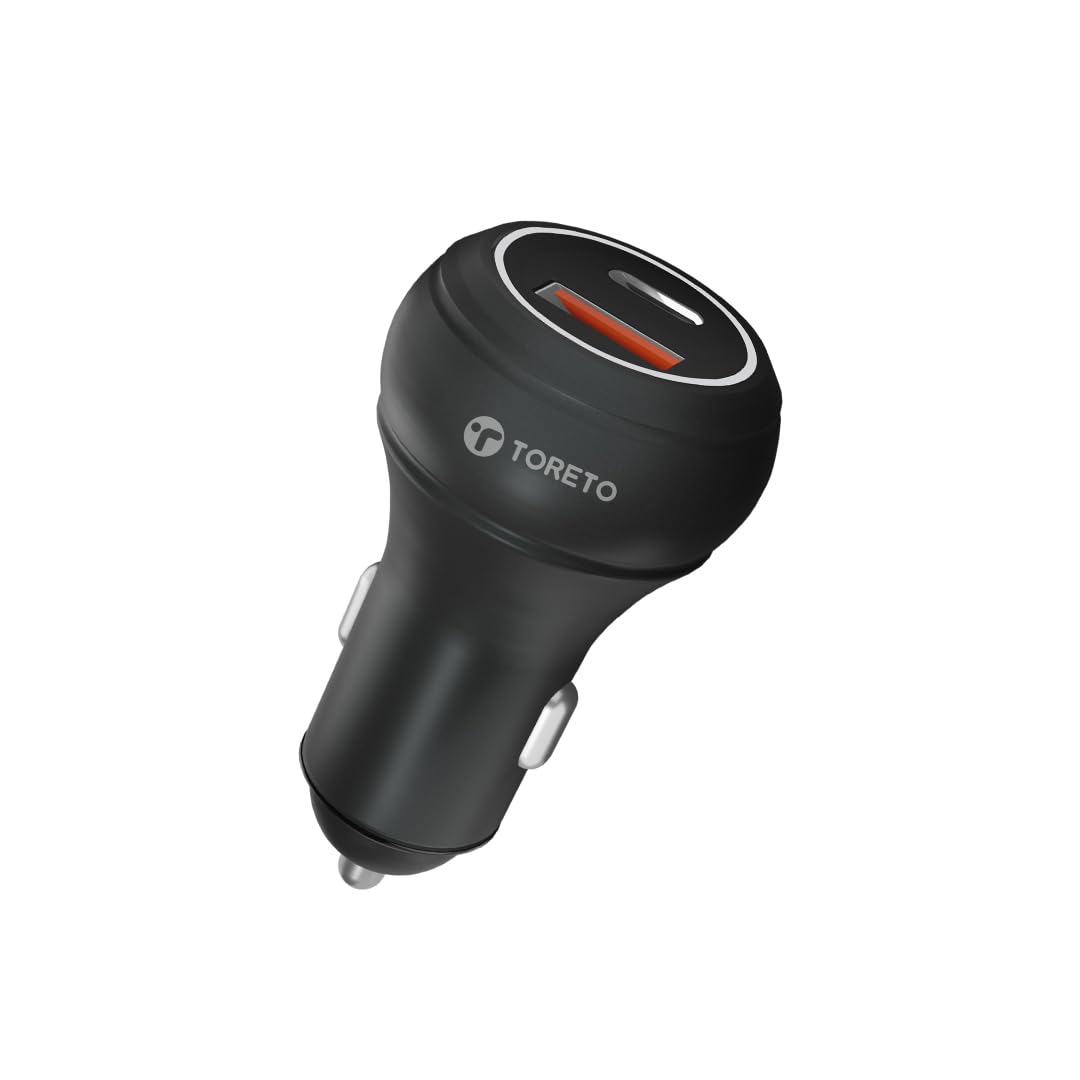 Toreto Turbo Light 145W Fast Car Charger, Dual Port USB & Type-C PD/PPS, 100W SuperVOOC + 45W PD Output, Metal Body, USB-C Cable Included, 12V-24V Compatible for Car, Phone & Laptop (Black)