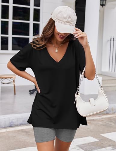 Image of Ekouaer Womens Pajamas 2 Piece Lounge Sets Oversized V Neck T-Shirts Tops Biker Shorts Set Workout Reversible Tracksuit S-XXL