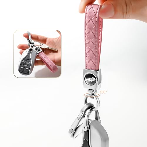 Image of Gkeygo Carabiner Keychain, Universal Heavy Duty Woven Handmade Leather Key Chain, Car Fob Key Keychains with 360 Degree Rotatable Snap Swivel and Anti-Lost D-Ring for Men and Women, Silver - Pink