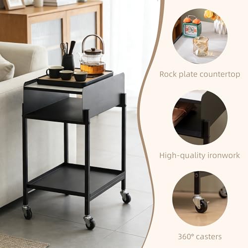 Image of Bedside Table with Wheels Rolling Nightstand 3-Tier (Black) | Modern Marble Top Easy Assembly Heavy Duty Metal Save space Bedroom Office Living Room
