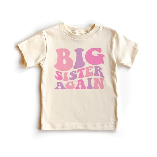 Girls Big Sister Again Shirt - Retro Groovy Pink New Big Sister For Daughter - Pregnancy Reveal Baby Birth Sibling Announcement - Natural Toddler Youth Tee2