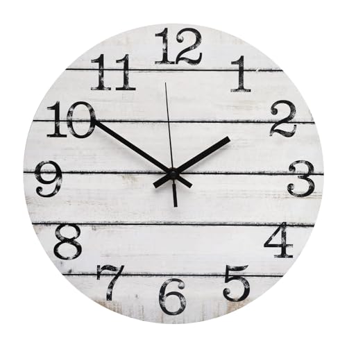 bakbrand Wall Clock 12 Inch Imitation Wood Silent Non-Ticking Indoor Clock Round White Decor Clock Rustic Minimalist Battery Operated Wall Clocks for Farmhouse, Hotel, Bedroom, Living Room, Kitchen