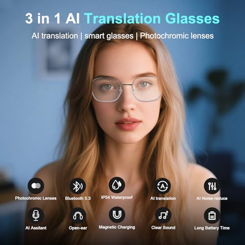 Image of 2026 AI Smart Glasses, Real-Time Translation, Photochromic Lenses | Bluetooth 5.4 Touch Control Voice Assistant Open-Ear Music & Hands-Free Calls Lightweight Design Travel Meet Work Business