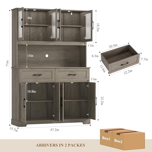 BOTLOG 71" Farmhouse Kitchen Pantry Cabinet, Tall Pantry Cabinet with Microwave Stand, Kitchen Hutch with Drawer and Shelves for Dining Room, Grey