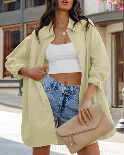 Image of FSHAOES Womens Oversized Button Down Shirts Casual Loose Long Sleeve Solid Lapel Long Blouses Tops with Pockets