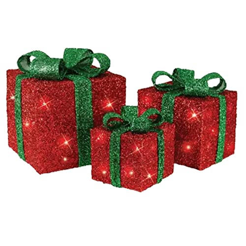 Image of EPISENT 3 Light Up Christmas Parcels Decorative Pre Lit LED Boxes - Super Bright Christmas Decor 3-Piece Set - Set of 3 Contains 55 Super Bright LED - Battery Operated (Red & Green)