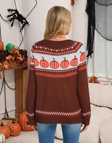 Image of Women's Fair Isle Sweater Crew Neck Long Sleeve Heart Sweater Vintage Tops