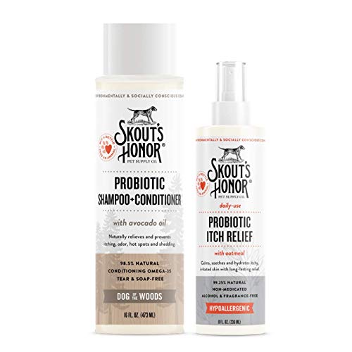 SKOUT'S HONOR Probiotic Itchy Dog Bundle - Dog of The Woods - Includes Our Probiotic Itch Relief Spray and Probiotic Shampoo & Conditioner for Dogs