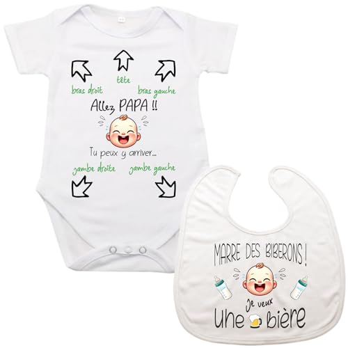 maroma [14-3] Bavoir Marre des Biberons et Body /3 Mois/Tu Peux y Arriver Bébé/Body Futur Papa Cadeau Original Humour (Blanc, 3 Mois)