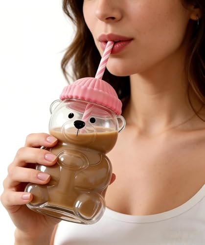 Image of New Glass Bear Straw Cup 600ML Cute Bear Glass Tumbler with Reusable Straw - Viral Animal Design for Smoothies, Boba & Iced Coffee (Pink)