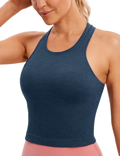 Image of CRZ YOGA Seamless Rib Racerback Crop Tank | Light Support, Removable Pads, Yoga, Ribbed, Racerback, Longline Sports Bras for Women