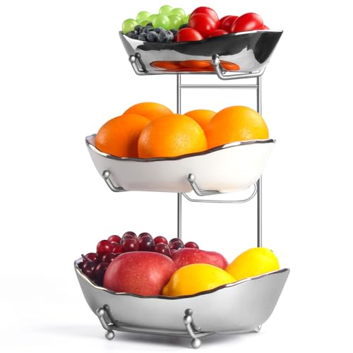 Ceramic Fruit Bowl for Kitchen Counter, 3 Tier Fruit Basket with Metal Stand, Tiered Fruit Rack for Countertop, Fruteros Para Cocina, Serving Bowls for Party, Dessert, Small & Cute(Sliver)