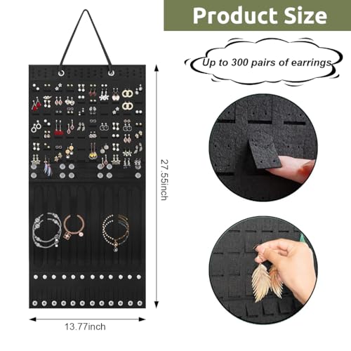 Image of HASTHIP Wall Hanging Jewellery Organizer Women, Large Necklaces Earrings Organizer Box Hanger, Soft Felt Bracelets Earrings Storage Holder Display Board Jewelry, Ear Studs, Hair Clips, Black