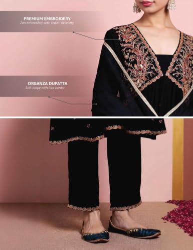 Image of Amazon Brand - Myx Women's Embroidered Anarkali Kurta Pant Set with Organza Dupatta | Salwar Suit (Available in Plus Sizes)