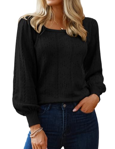 Image of HOTOUCH Sweaters for Women 2026 Fall Trendy Tops Casual Puff Sleeve Square Neck Cute Tunic Pullover Blouses XS-XXL