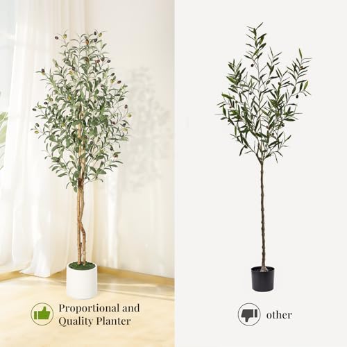 GarveeHome Faux Olive Tree 5ft,Tall Artificial Tree Indoor with 2 Natural Wood Trunks, Fake Plants Potted in White Planter, Floor Plants for Living Room House Decor,2PCS