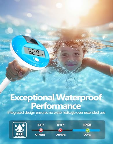LuxBlue Floating Pool Thermometer Solar Powered | Large LCD Display- Easy to Read | IP68 Waterproof Digital Pool Thermometer with String | Ultra-Precise Pools Water Temperature Gauge for Hot Tub, Spa