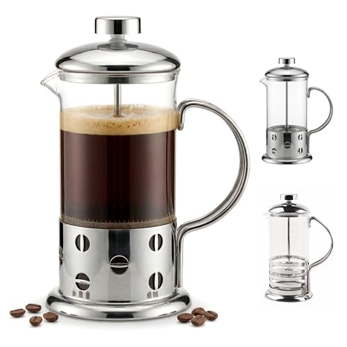 GEEZY 350ml / 3-Cup French Press Cafetiere - Stainless Steel & Glass Coffee Maker in Various Designs - Eco-Friendly Coffee Press for Ground Beans & Tea