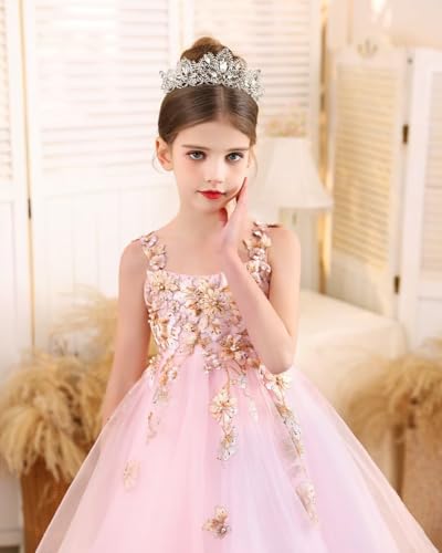 Tulle Flower Girl Dress with Bow Floral Appliques Pageant Dresses for Girls Spaghetti Straps Ball Gown Communion Dress3