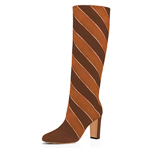 FSJ Women Rhinestone Pointed Toe Mid Calf Boots Chunky High Heel Winter Pull on Suede Fashion Shoes Size 4-15 US